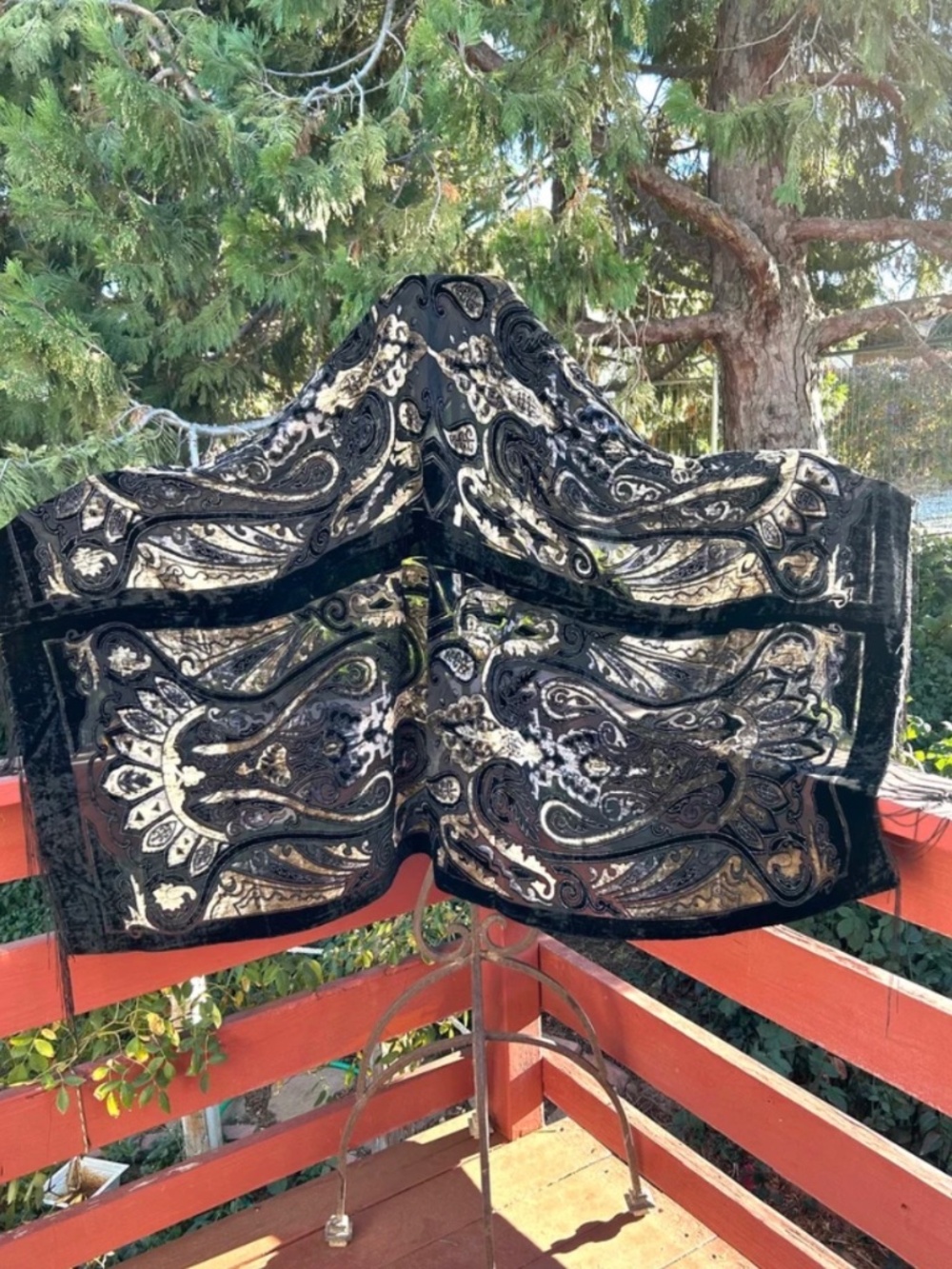 XXL Velvet Burnout Art Deco shawl , Black, Amber, Homemade